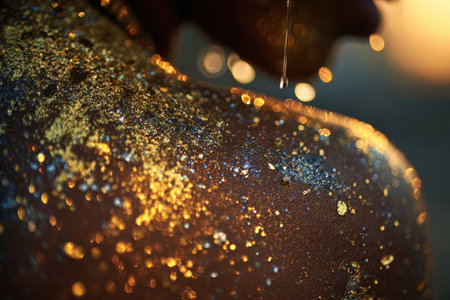 Close-up of a woman's body covered with golden glitter.の素材