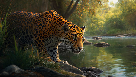Jaguar on the bank of a river. Panthera oncaの素材