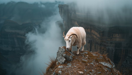 Mountain Goat on the top of a cliff with foggy backgroundの素材