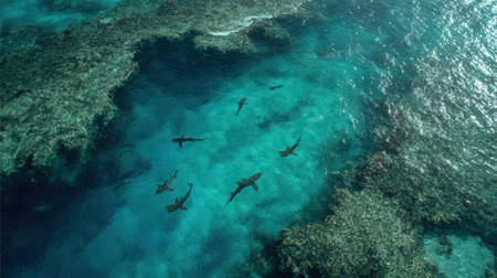 Aerial view of coral reef with fish in the Indian Ocean.の素材