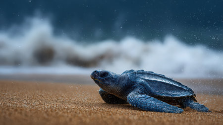 Little baby sea turtle on the beach in stormy weather. 3d illustrationの素材