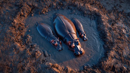 Hippopotamus in the mud, 3d render illustration.の素材