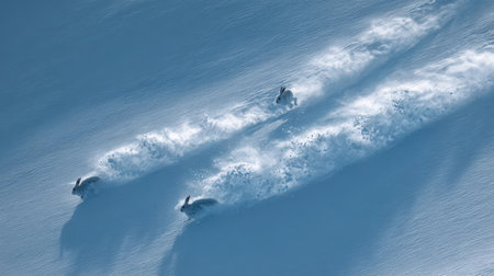 Snowboarders on the piste in the mountains. Aerial view.の素材