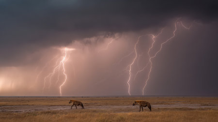 Panoramic view of two hyenas in the savannah during a thunderstormの素材