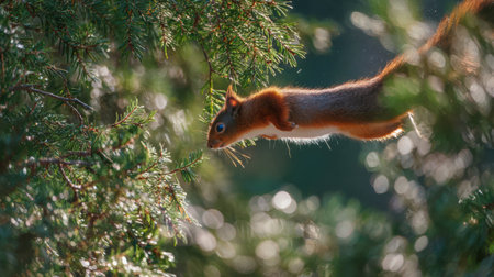 Squirrel on a branch of a pine tree in the sun.の素材