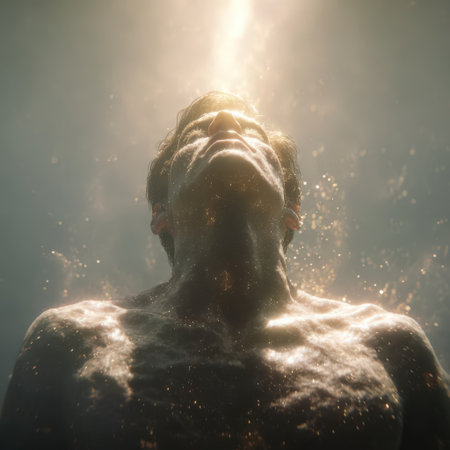 Portrait of a strong athletic man with a muscular body in the rays of light.の素材