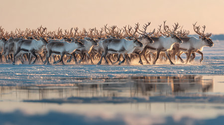 Reindeer herd running on frozen lake in Lapland, Finland.の素材