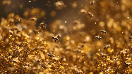 Honey bee collecting pollen in the field, shallow depth of fieldの素材