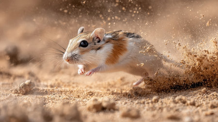 Hamster jumping on sand. This is a small rodent of the hamster family.の素材
