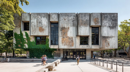 The imposing concrete facade of a brutalist university building is softened by encroaching green vines. Students walk by, creating a sense of campus life.の素材