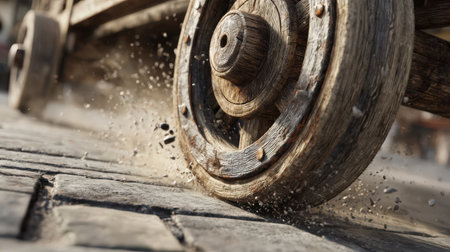A close-up, low-angle shot of a weathered wooden cart wheel kicking up dust and debris as it rolls over a rough cobblestone path, conveying a sense of motion and history.の素材