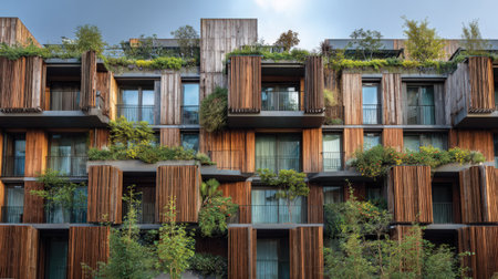 An innovative apartment building showcasing a unique wooden slat facade integrated with abundant greenery. Balconies overflow with plants, creating a sustainable and visually appealing urban dwelling.の素材