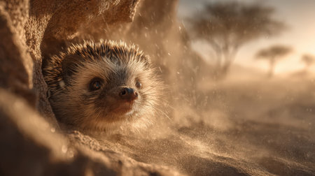 A charming portrait of a hedgehog peeking out from its sandy burrow. The warm desert sunset light and dust motifs create a captivating and atmospheric wildlife scene.の素材