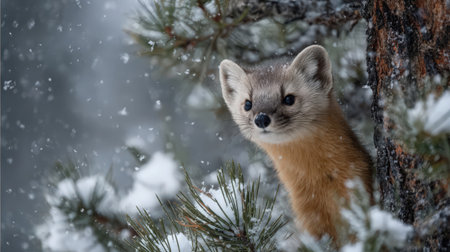 A curious pine marten with light brown fur peeks its head from behind a snow-covered pine tree branch. Falling snowflakes create a soft, wintery atmosphere.の素材