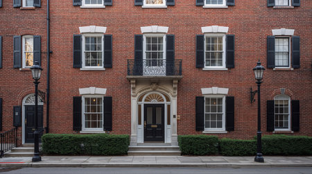An elegant red brick townhouse facade featuring traditional black shutters, arched doorway, and ornate lampposts. Carefully manicured hedges line the walkway, adding to its historic charm.の素材