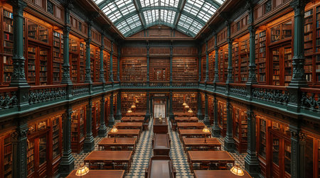 An opulent historic library interior features towering wooden bookshelves filled with antique books. Natural light streams through the grand glass ceiling, illuminating rows of reading tables below.の素材