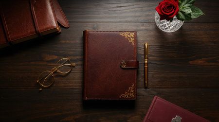 a still life featuring a journal pen glasses and a red rose in a vase on a wooden surfaceの素材