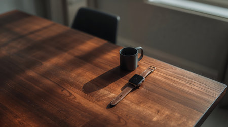 a black coffee cup and a smart watch on a wooden table in a bright room with a chair in the backgroundの素材