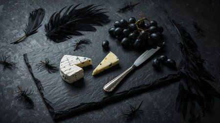 a moody still life featuring cheese grapes and feathers arranged on a dark slate surface for a gourmet lookの素材