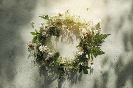 A delicate floral wreath made of daisies and ferns remains on a textured surface, bathed in soft sunlight. The arrangement casts subtle shadows creating a serene and natural botanical scene.の素材
