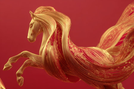 A golden horse sculpture stands out against a plain red background. The sculpture has red accents and appears to be made of fine strands. The horse is in motion, its form both abstract and elegant. A modern design art piece.の素材