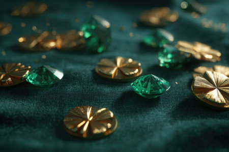 A close up shot showcases emerald gems and golden coins scattered on a green velvet surface. The scene exudes luxury and elegance, highlighting the precious nature of the gems and coins. (200)の素材