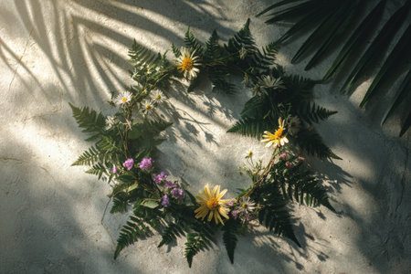 A floral wreath made of ferns and daisies lies on a textured wall. Shadows from palm leaves create a pattern. The wreath is a mix of green foliage and colorful flowers, adding a touch of nature indoors.の素材
