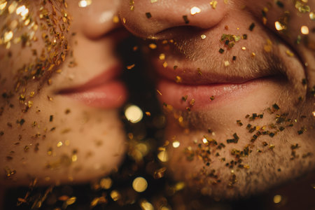 A close up shot shows a couple kissing, their faces and skin covered in gold glitter. The sparkling glitter adds a festive and celebratory feel to the intimate moment between the two people. The shot is romantic and shows love.の素材