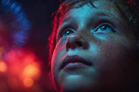A close-up of a child's face, illuminated by blue and red lighting. The child is looking up, with a hopeful expression. The lighting creates a dramatic effect, highlighting the details of the skin.の素材
