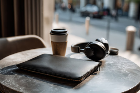 A laptop case, coffee cup, and headphones sit on a marble table near a window. The scene evokes a sense of calm and productivity, perfect for a modern workspace or a relaxing cafe setting. The light is soft and natural.の素材