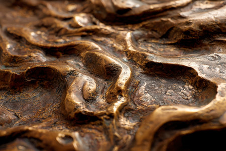 A detailed close-up of a bronze sculpture. The surface shows swirling patterns and textures, highlighting the metallic sheen and intricate design. The artwork displays a rich, aged look with a decorative feel.の素材