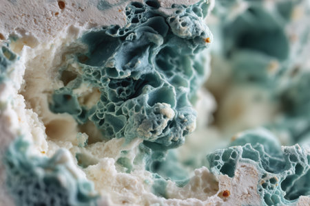 A close-up reveals a porous material in shades of blue and white. The surface is riddled with small holes, creating an organic texture. The image showcases intricate details and cellular structure.の素材