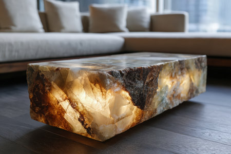 A modern living room featuring an illuminated stone coffee table. A comfortable sofa with cushions is in the background. The room is well-lit with natural light from a nearby window. The scene is indoors.の素材