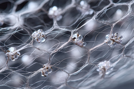 A detailed close-up of beaded netting. The intricate woven thread pattern is visible, with small beads attached at regular intervals. The texture and delicate nature of the material are highlighted by the macro shot.の素材
