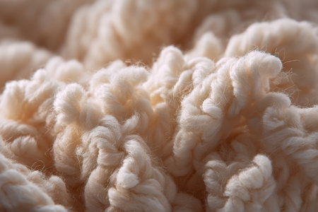 A detailed close up shows a mass of soft, fluffy white wool or cotton. The texture is prominent, with individual strands visible. The material appears gentle and warm, filling the entire frame densely.の素材