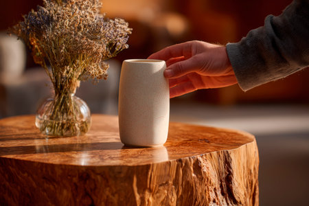 A hand reaches for a vase on a wooden table, bathed in soft lighting. Dried flowers add a touch of natural beauty to the minimalist decor. The scene is intimate and serene, a moment captured in time.の素材