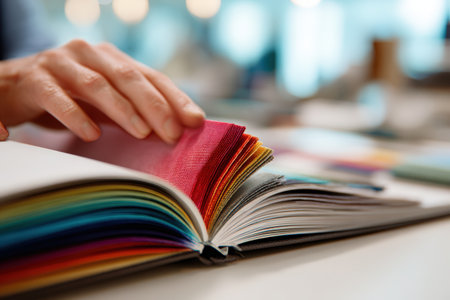 A close-up shot of a hand browsing through a sample book filled with colorful fabric swatches. The vibrant array of colors and textures suggests a selection process for design or crafting projects.の素材