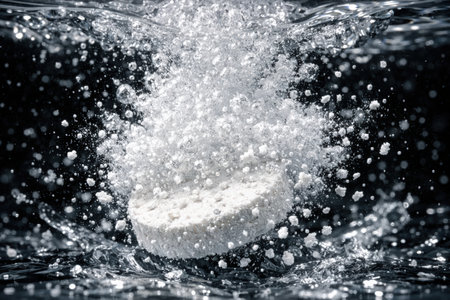 A white effervescent tablet is shown dissolving in water. Bubbles rise around the tablet against a dark background, creating a dynamic and visually captivating scene. The image highlights the process of dissolution.の素材