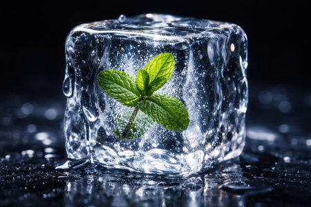Mint leaves frozen in ice cube on black background, selective focusの素材
