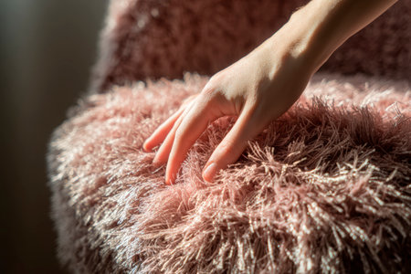 Close up of woman's hands on a pink fur armchair.の素材