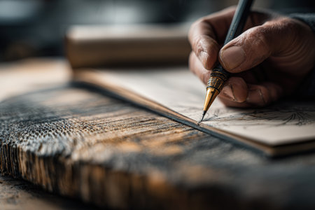 Close up of a man's hand writing in a notebook with a fountain penの素材