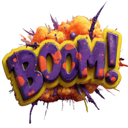 A vibrant cartoon style "BOOM!" text with purple letters outlined in yellow, accented by orange spots. The word is set against an explosion of orange and yellow with paint splatters, creating a dynamic and energetic effect.の素材