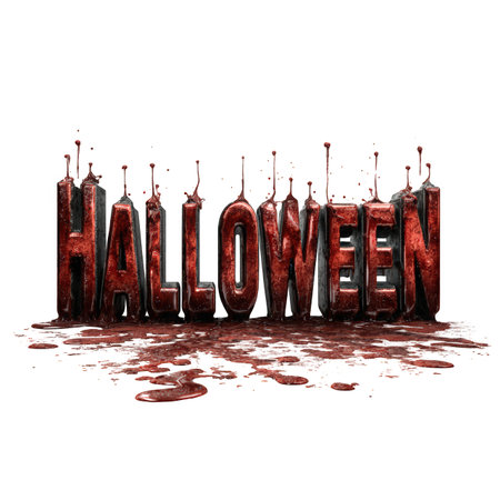 The word Halloween is displayed with a bloody effect. Red liquid drips from the letters, creating a spooky and scary look. The image is isolated on a white background, highlighting the text.の素材