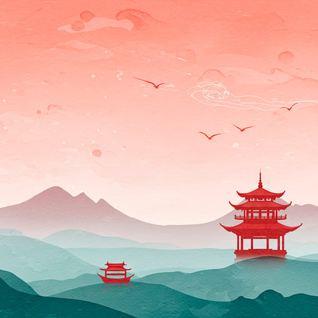 Chinese landscape with pagoda, mountains and flying birds. Paper art style.のイラスト素材
