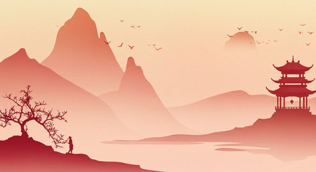 Mountain landscape with pagoda and silhouette of a tree. Vector illustration.のイラスト素材