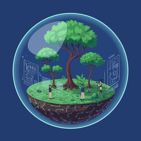 Isometric planet with trees and people. Vector illustration in cartoon style