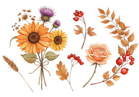 Watercolor autumn flowers set. Hand drawn illustration. Isolated on white background.のイラスト素材