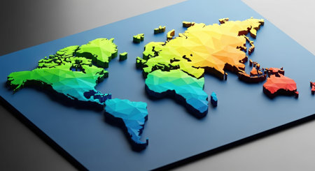 3d render of multicolor polygonal world map on gray backgroundのイラスト素材