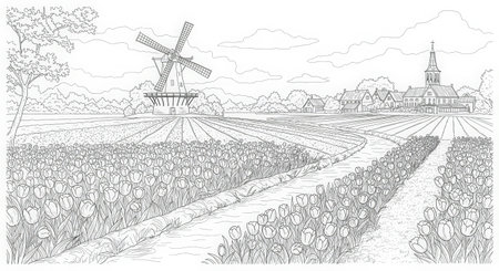 Windmill in a tulip field coloring page for adults and kidsのイラスト素材