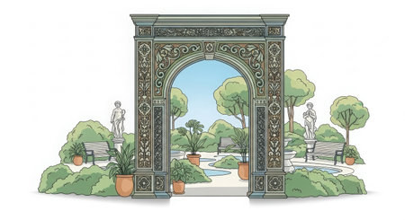 Illustration of a beautiful arch in the park with trees and plantsのイラスト素材
